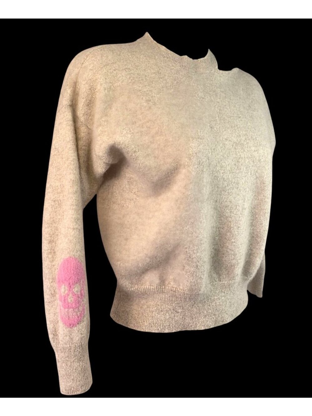 Skull Cashmere Crop Sweater Womens XS Asymmetrical Neck Cutout Pink on Oatmeal